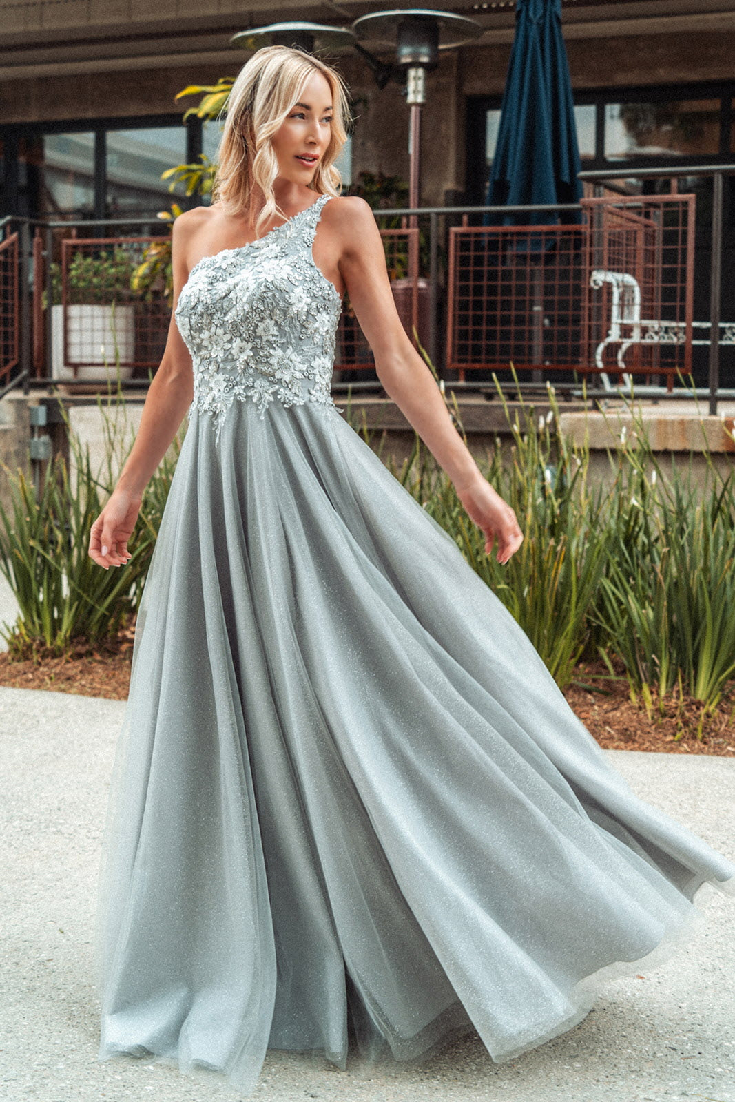 Elizabeth K One Shoulder Glitter A Line Women Formal Dress by GLS by Gloria GL3384 Special Occasion Curves XL Silver