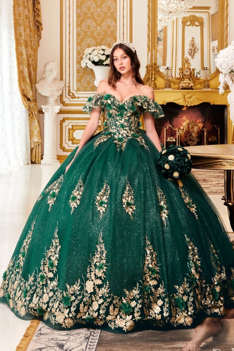 green flower quince dress Emerald Green Quinceanera Dresses Ball Gown 3D Flowers Gold Appliques Sweet