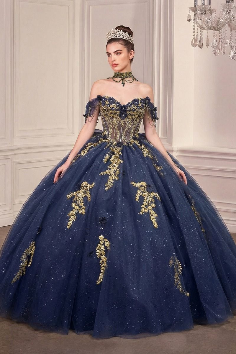 Glitter Tulle Off Shoulder Neckline Quinceanera Dress By Ladivine 15728