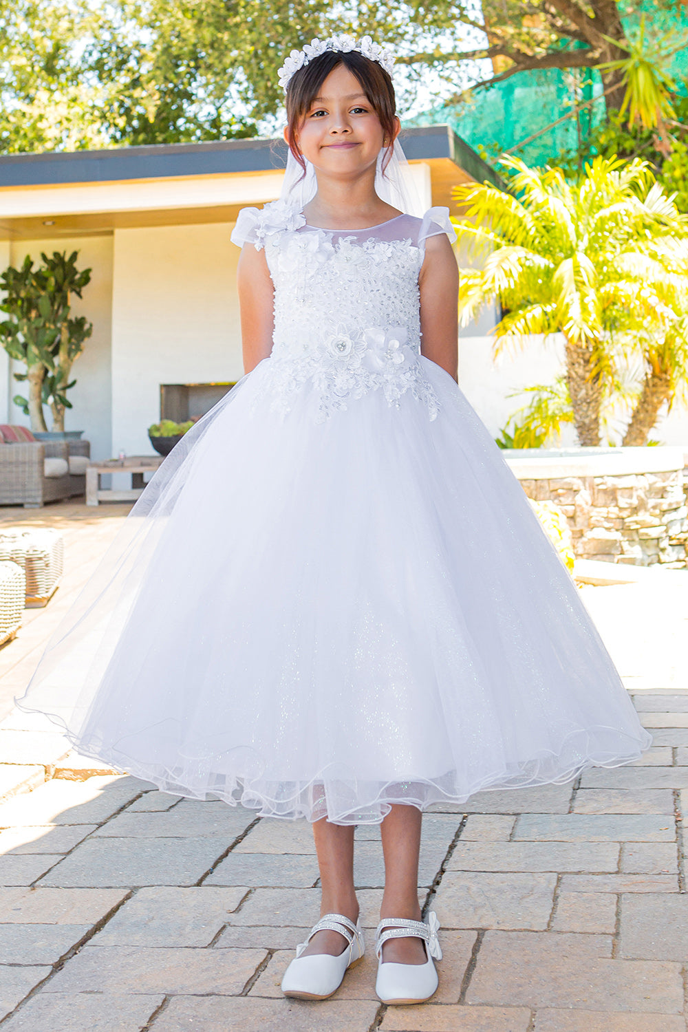 Girls White Bead 3D Flower Lace Crystal Tulle Communion Dress 6-16 from Cinderella Couture at Sophia's Style 10