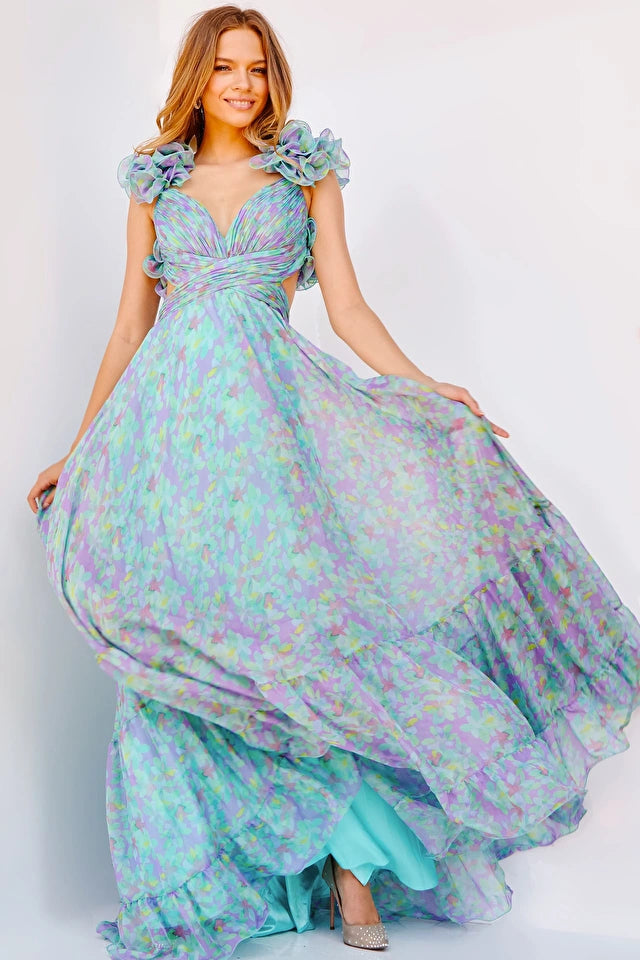 Jovani Dress 23577  Blue Multi Floral V Neck Tulle Ballgown