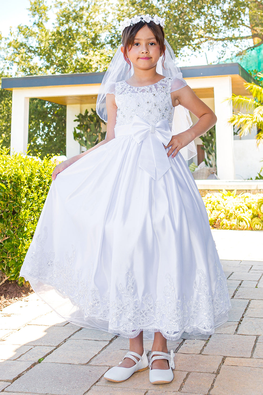 Embellished Satin Ribbon A-Line Girl Communion Dress by Cinderella Couture USA AS2912 10 / White Embellished Satin Ribbon A-Line Girl Communion Dress by Cinderella Couture USA AS2912 10 / White