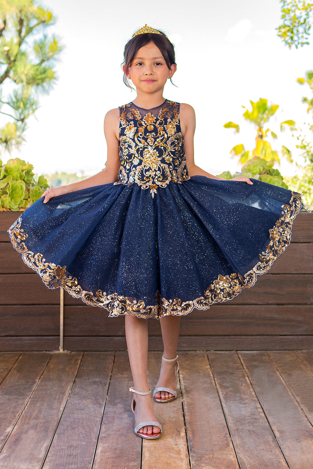 Crew High Neck Knee Length Glitter Tulle Flower Girl Party Dress with Two Tone Lace Appliques Cinderella Couture 5124 - Navy / 2 Crew High Neck Knee Length Glitter Tulle Flower Girl Party Dress with Two Tone Lace Appliques Cinderella Couture 5124 - Navy / 2