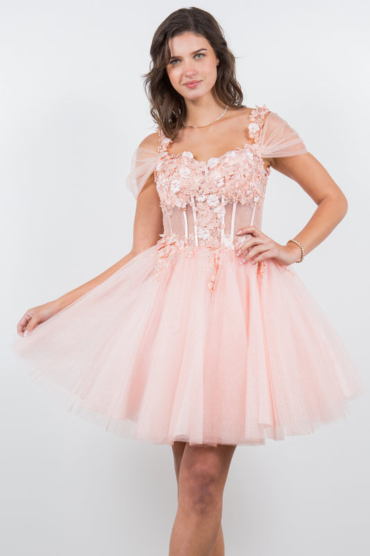 3D Flowers Shoulder Strap Short Party Dress by Cinderella Couture USA AS5134J