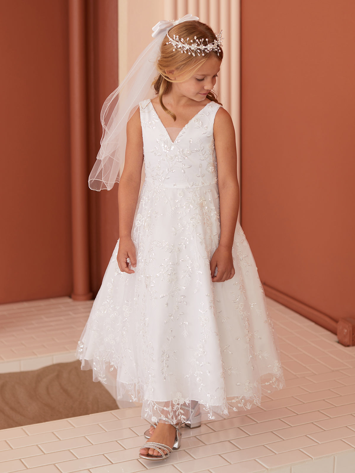 Embroidered Sequin V-Neckline Flowers Girl Dress by TIPTOP KIDS - AS5854