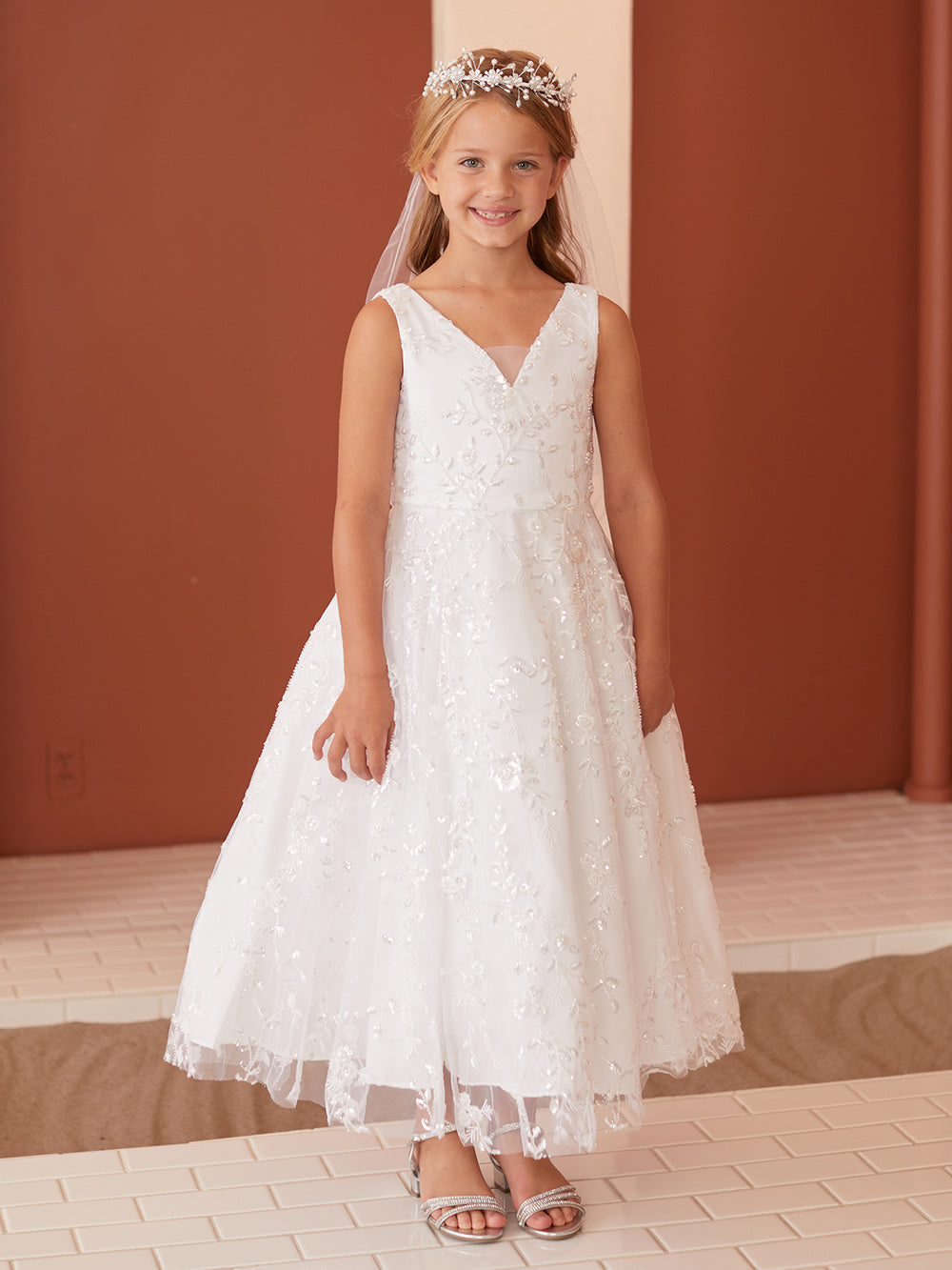 Embroidered Sequin V-Neckline Flowers Girl Dress by TIPTOP KIDS - AS5854