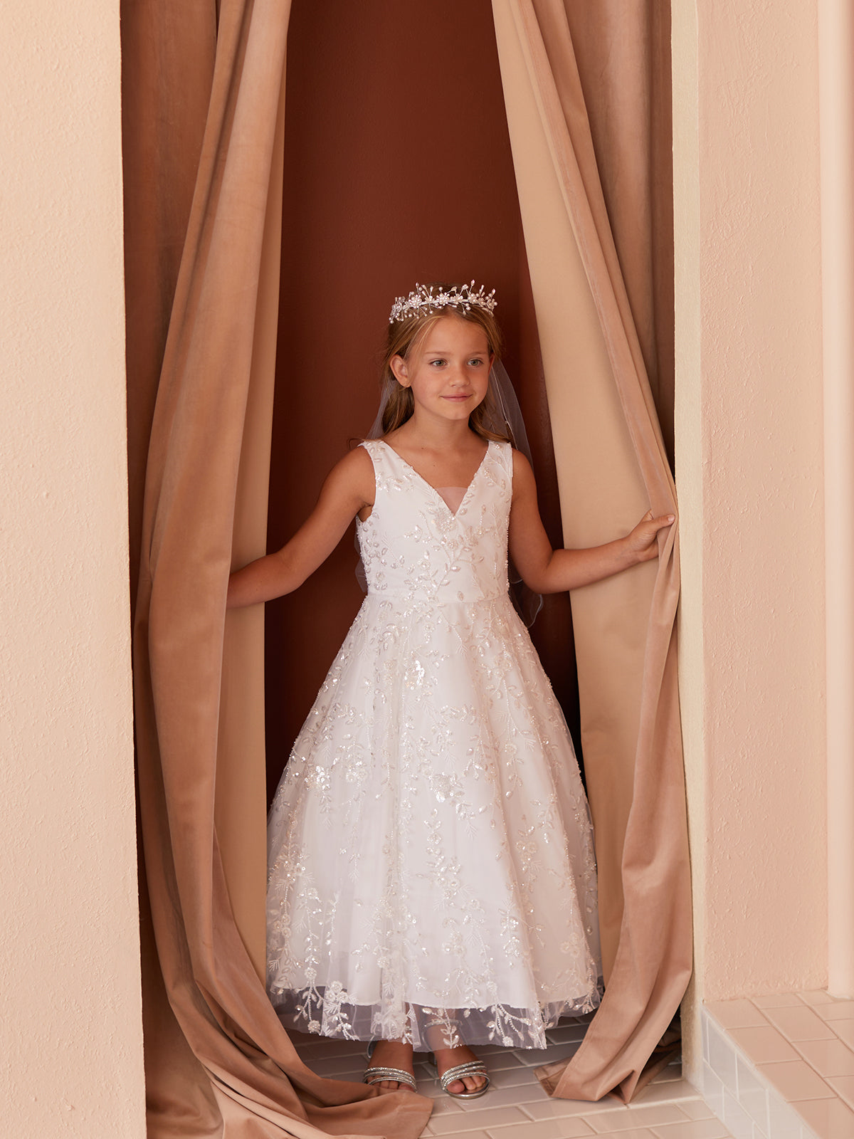 Embroidered Sequin V-Neckline Flowers Girl Dress by TIPTOP KIDS - AS5854
