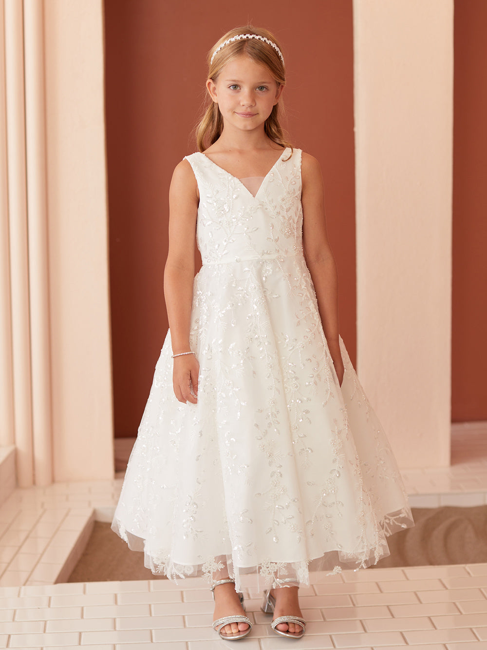 Embroidered Sequin V-Neckline Flowers Girl Dress by TIPTOP KIDS - AS5854