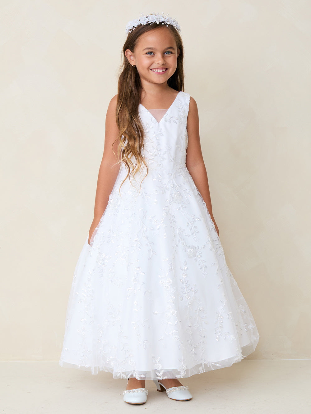 Embroidered Sequin V-Neckline Flowers Girl Dress by TIPTOP KIDS - AS5854