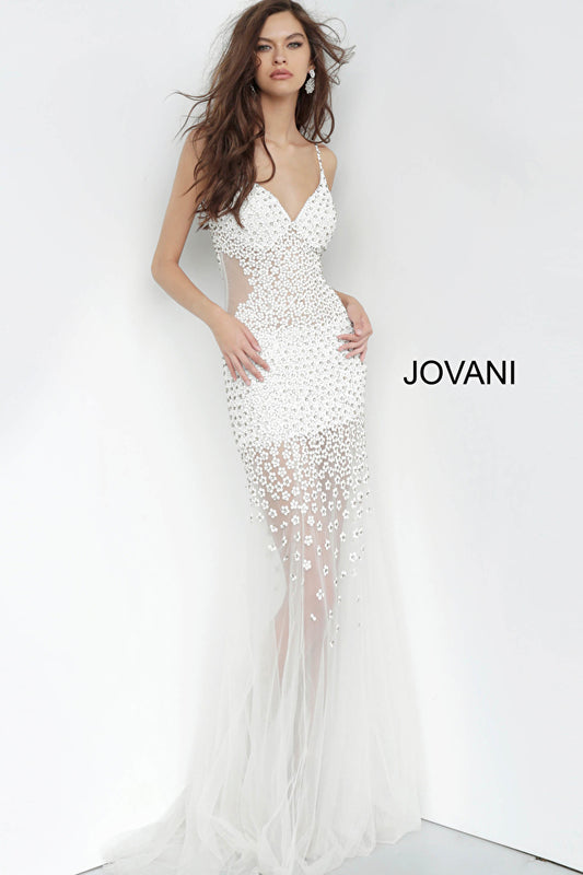 Jovani 60695 Beaded V-Neckline Spaghetti Straps Dress - Special Occasion
