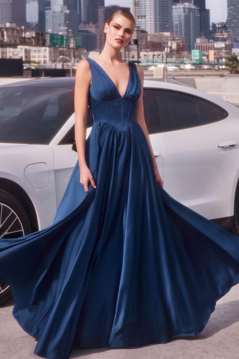 Satin V-Neckline A-Line Gown by Cinderella Divine 7447 - Special Occas Ariststyles Satin V-Neckline A-Line Gown by Cinderella Divine 7447 - Special Occas Ariststyles