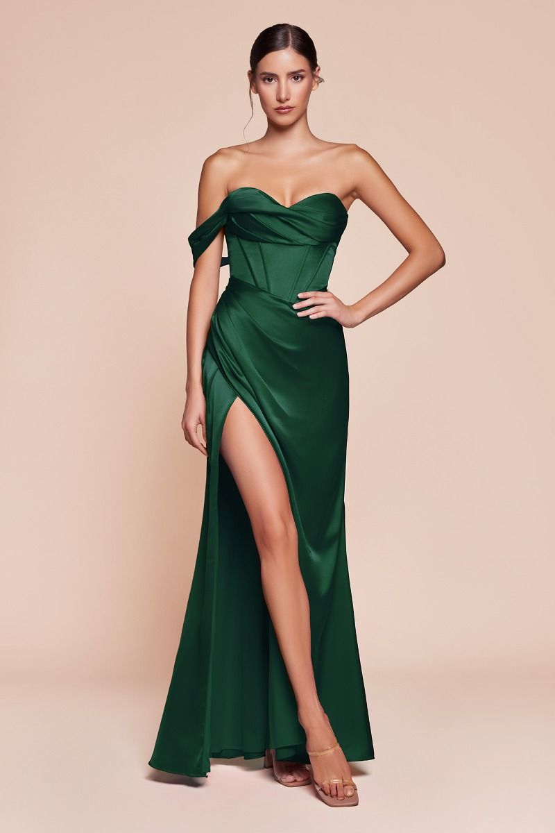 Satin Corset One Shoulder Sheath Leg Slit Gown by Cinderella Divine 7448 - Special Occasion - 2-14