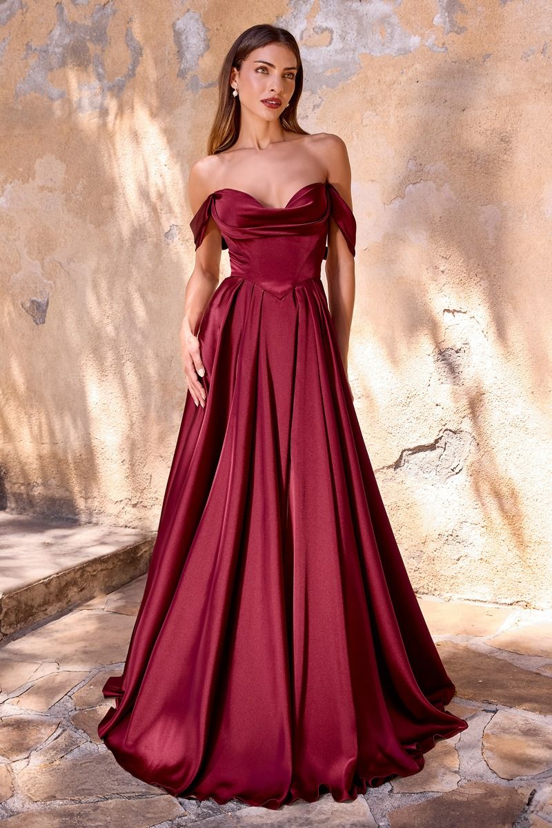 Satin Off Shoulder A-Line Slit Gown by Cinderella Divine 7449 - Special Occasion