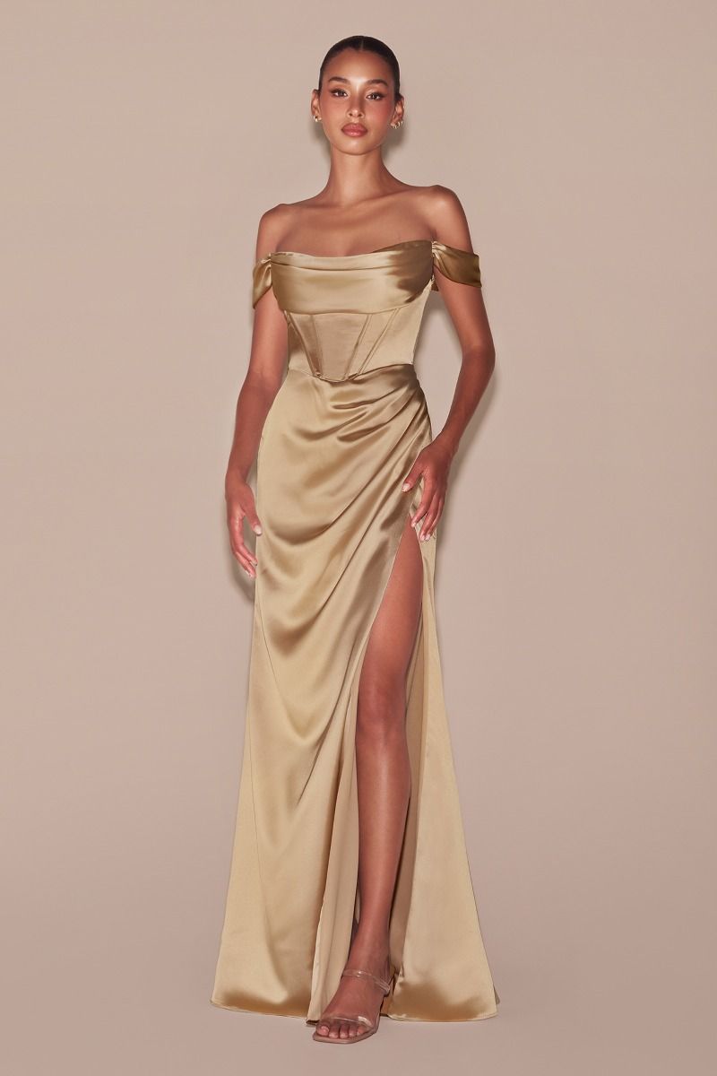 Satin Off The Shoulder Leg Slit Gown By Ladivine 7492 - Women Evening Formal Gown - Special Occasion
