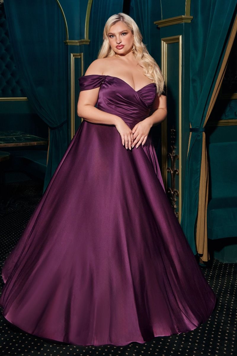 Off The Shoulder Satin A-Line Slit Gown By Ladivine 7493C - Curves