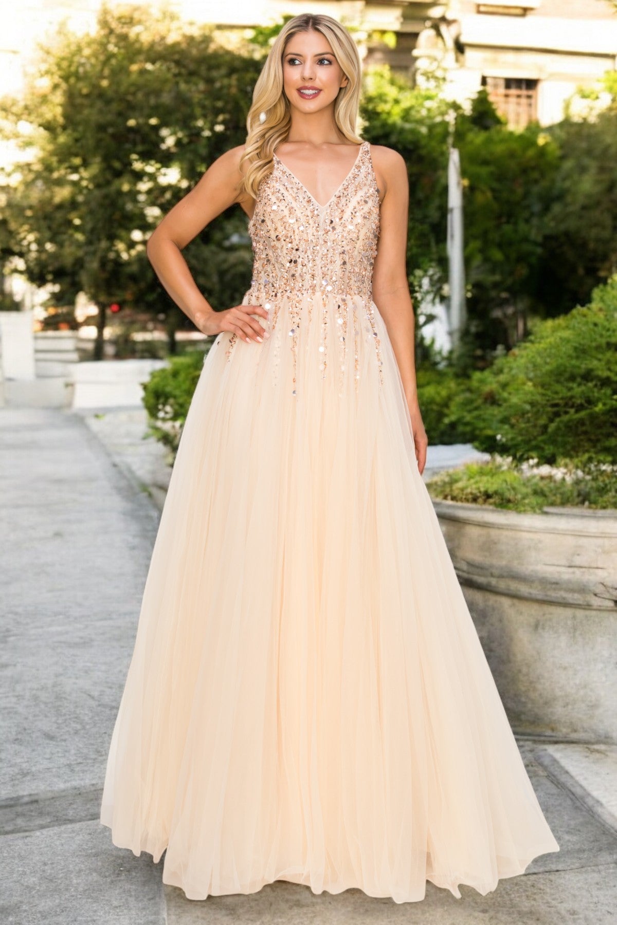 Champagne Sequins Lace Tulle A-line Gown by Cinderella Couture USA AS8034J - Special Occasion/Curves