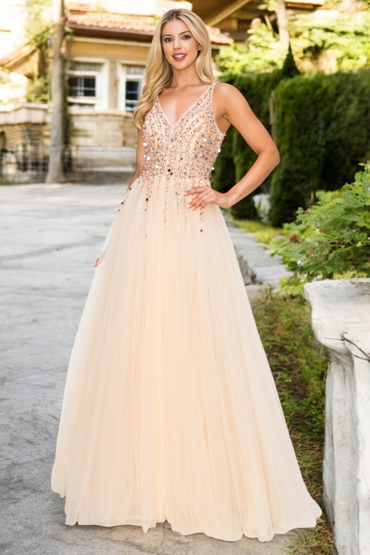 Champagne Sequins Lace Tulle A-line Gown by Cinderella Couture USA AS8034J - Special Occasion/Curves