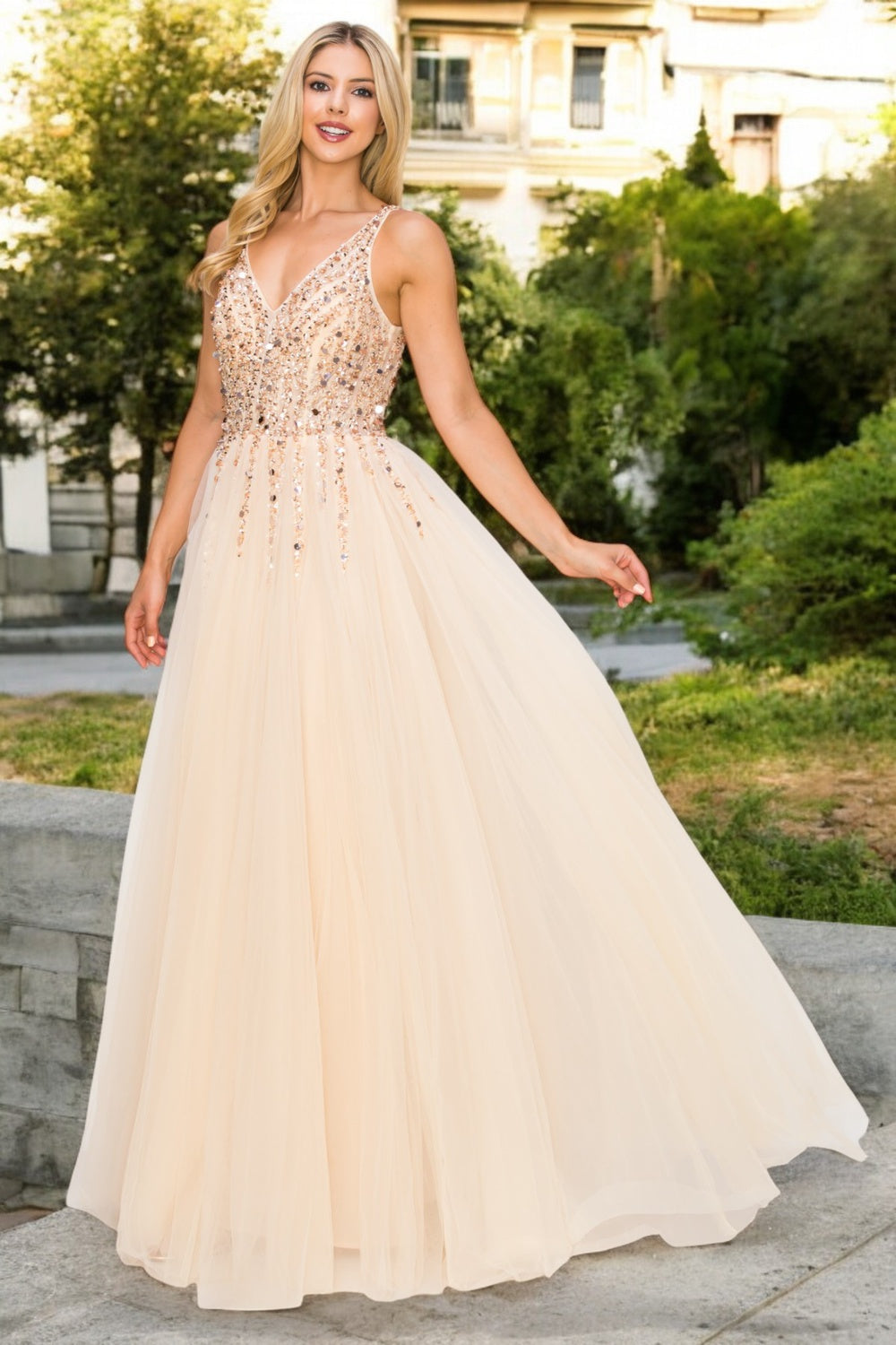 Champagne Sequins Lace Tulle A-line Gown by Cinderella Couture USA AS8034J - Special Occasion/Curves