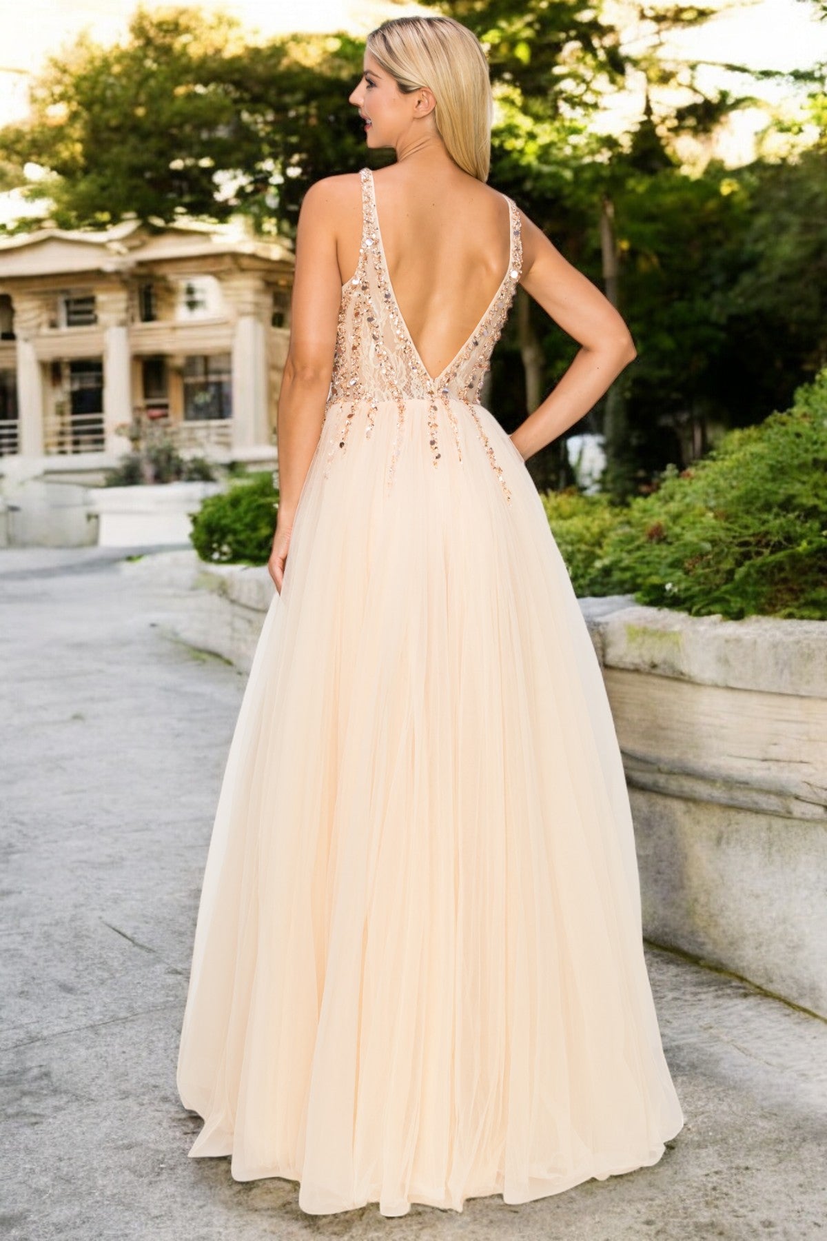 Champagne Sequins Lace Tulle A-line Gown by Cinderella Couture USA AS8034J - Special Occasion/Curves