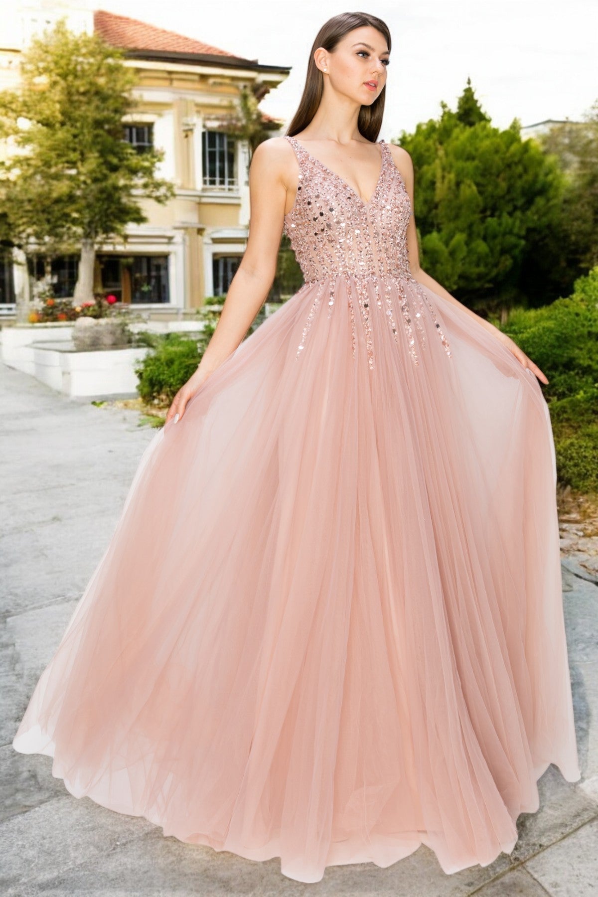 Dusty-Rose Sequins Lace Tulle A-line Gown by Cinderella Couture USA AS8034J - Special Occasion/Curves