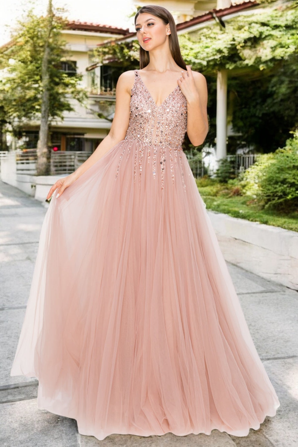 Dusty-Rose Sequins Lace Tulle A-line Gown by Cinderella Couture USA AS8034J - Special Occasion/Curves