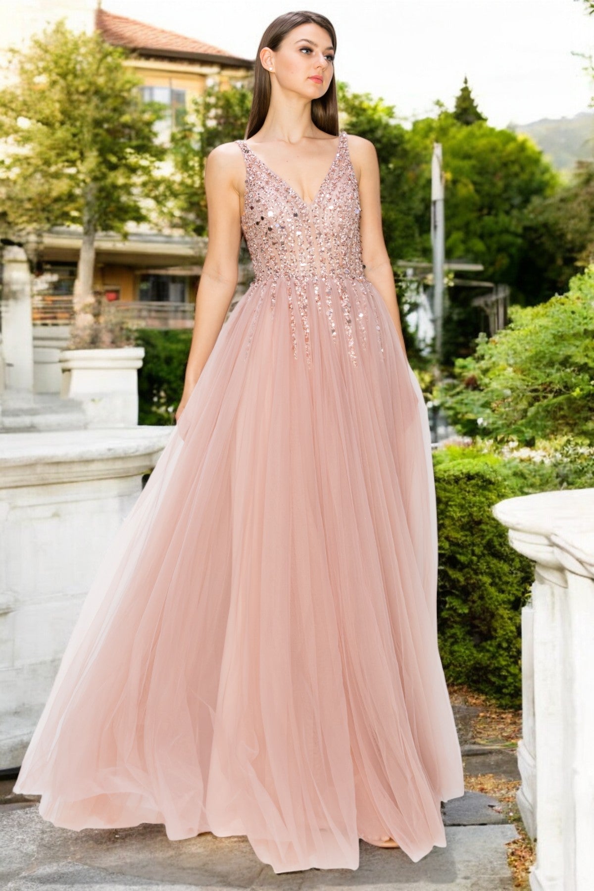 Dusty-Rose Sequins Lace Tulle A-line Gown by Cinderella Couture USA AS8034J - Special Occasion/Curves