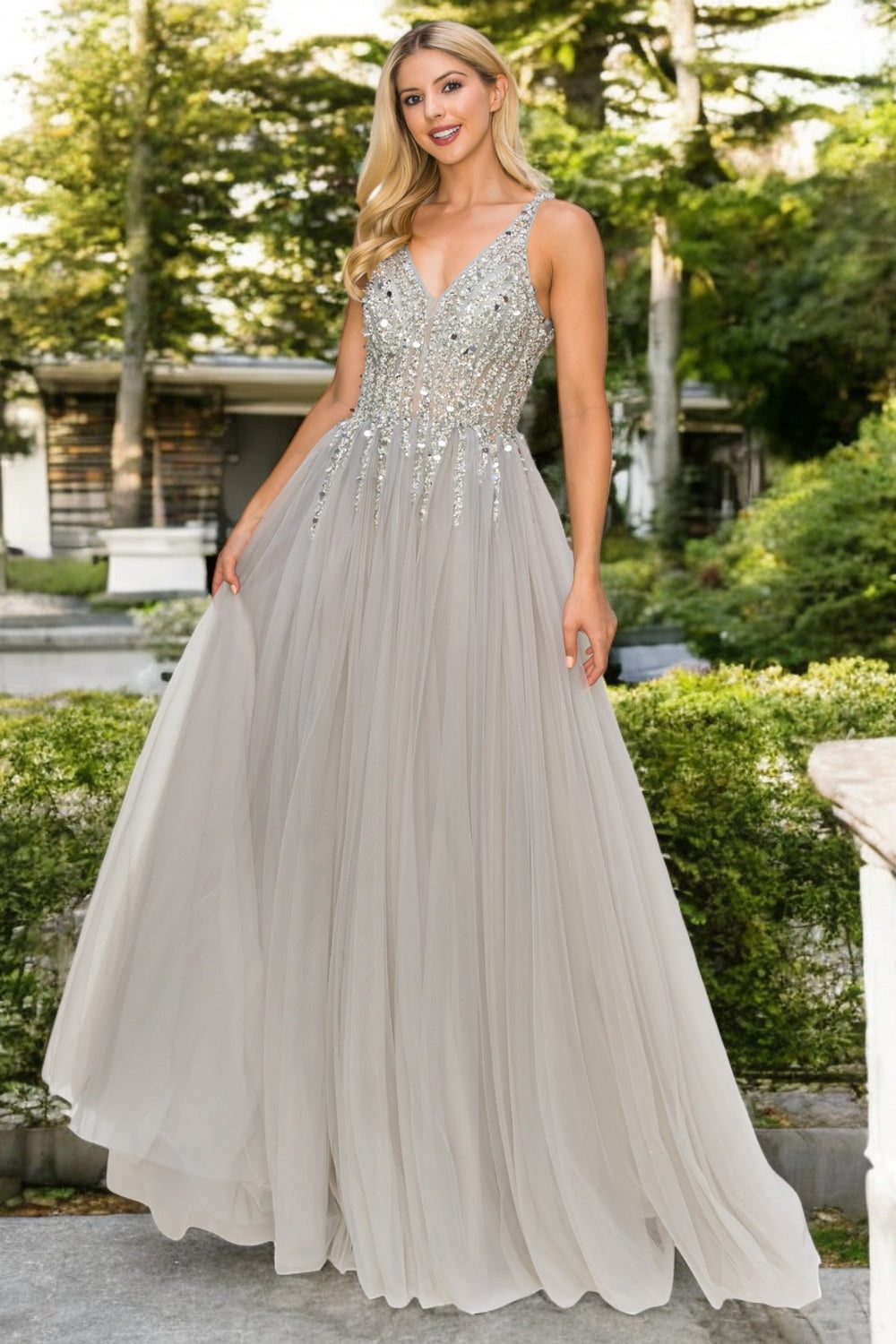 Silver Sequins Lace Tulle A-line Gown by Cinderella Couture USA AS8034J-SIL - Special Occasion/Curves