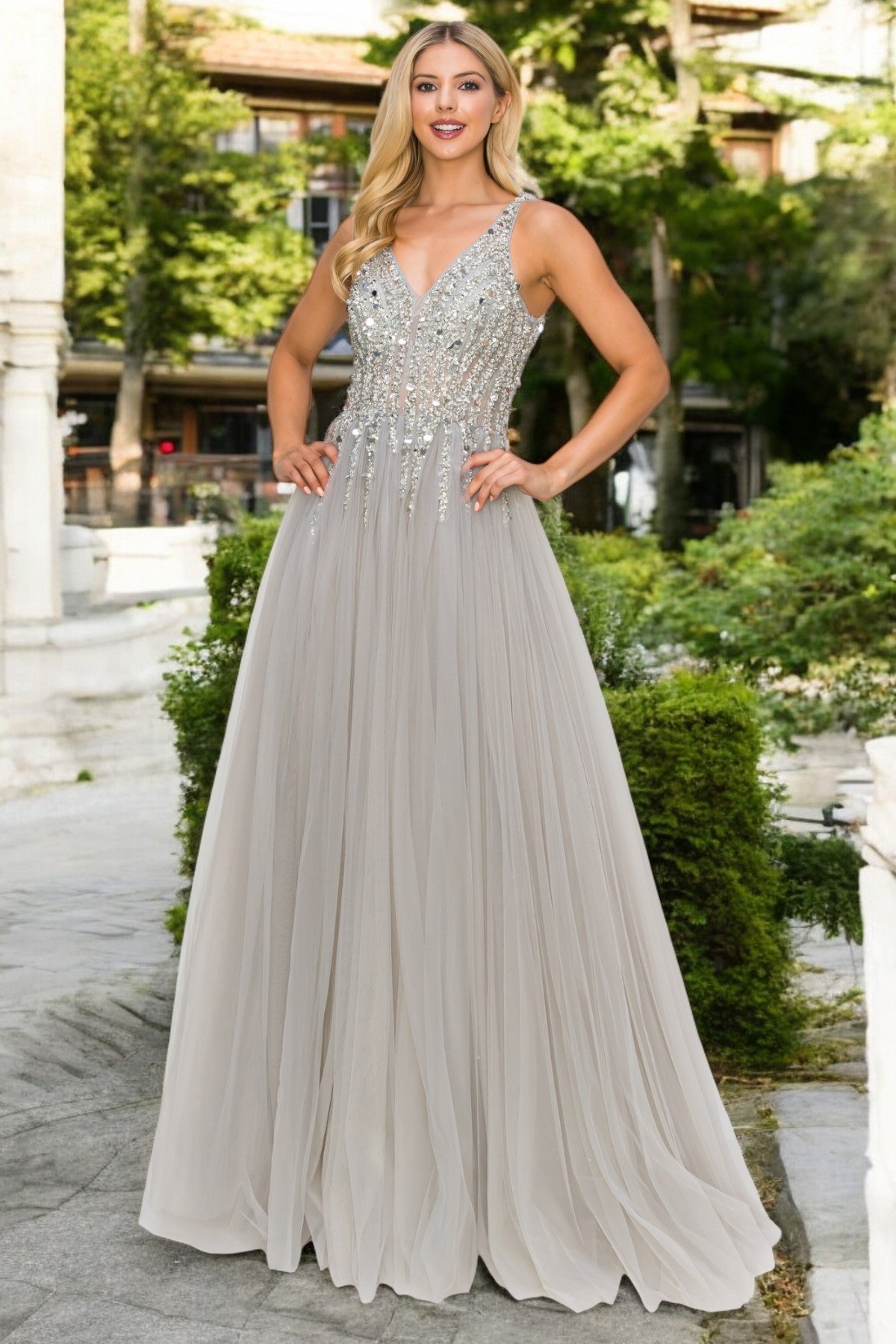 Silver Sequins Lace Tulle A-line Gown by Cinderella Couture USA AS8034J-SIL - Special Occasion/Curves