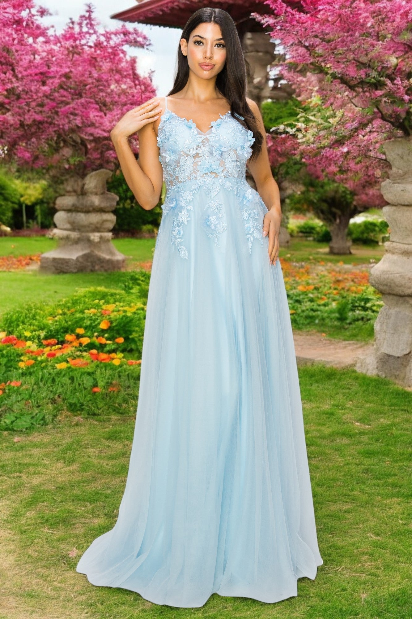 3D Floral Applique Lace A-Line Party Dress by Cinderella Couture USA AS8038J