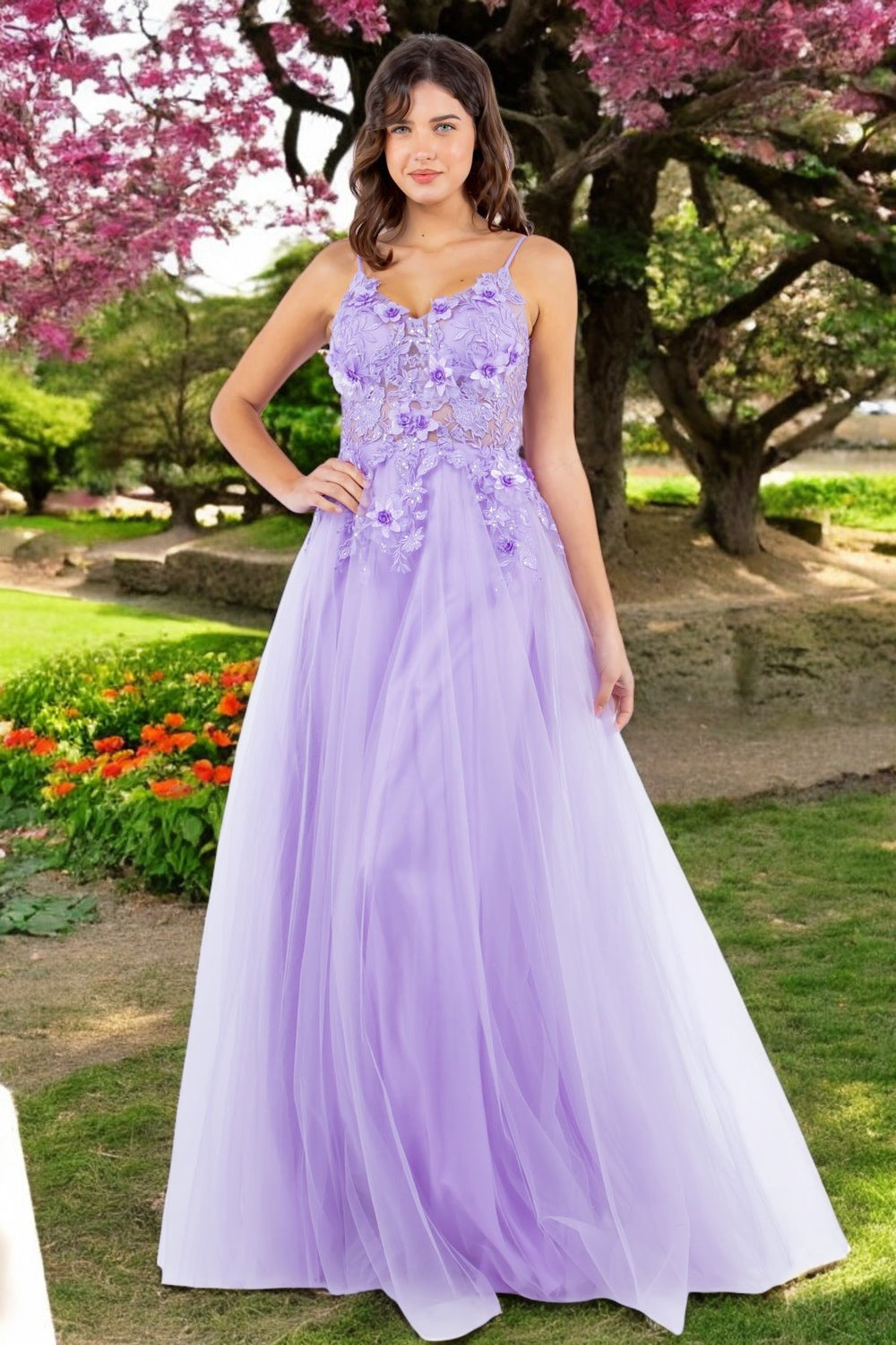 3D Floral Applique Lace A-Line Party Dress by Cinderella Couture USA AS8038J