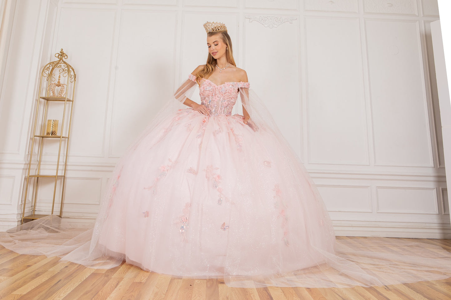 Elegant Cape Sleeve Quinceanera Dress by Cinderella Couture USA AS8075J
