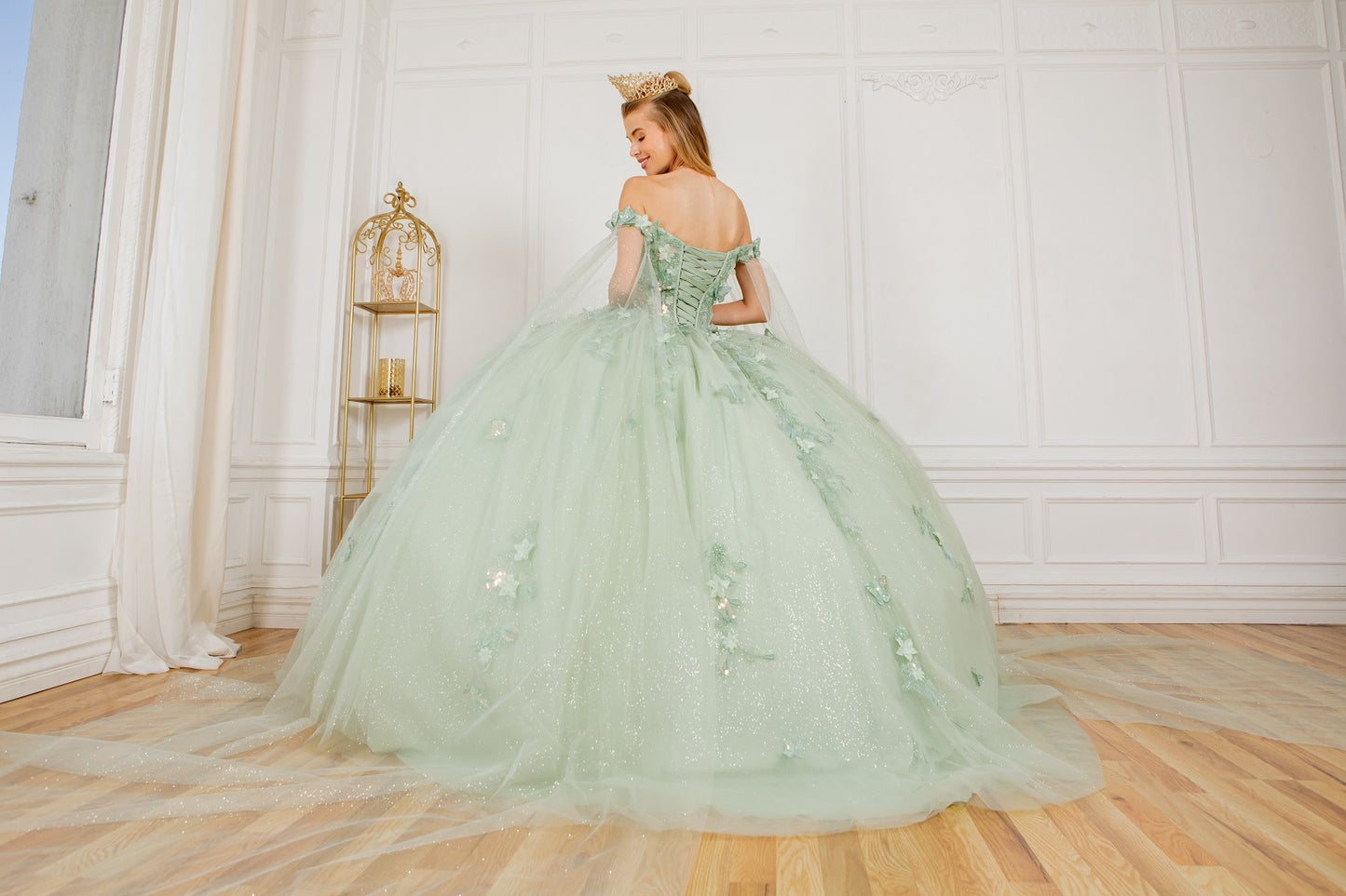 Elegant Cape Sleeve Quinceanera Dress by Cinderella Couture USA AS8075J