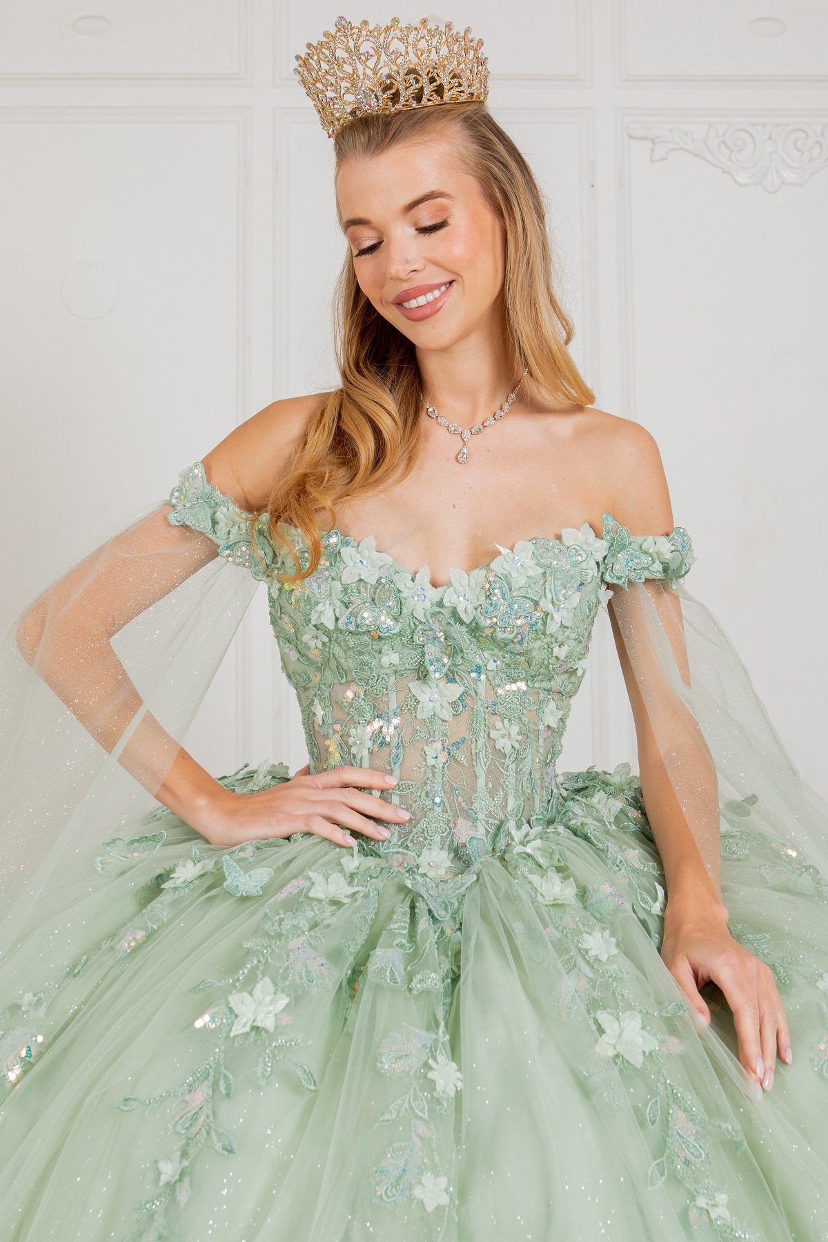 Elegant Cape Sleeve Quinceanera Dress by Cinderella Couture USA AS8075J