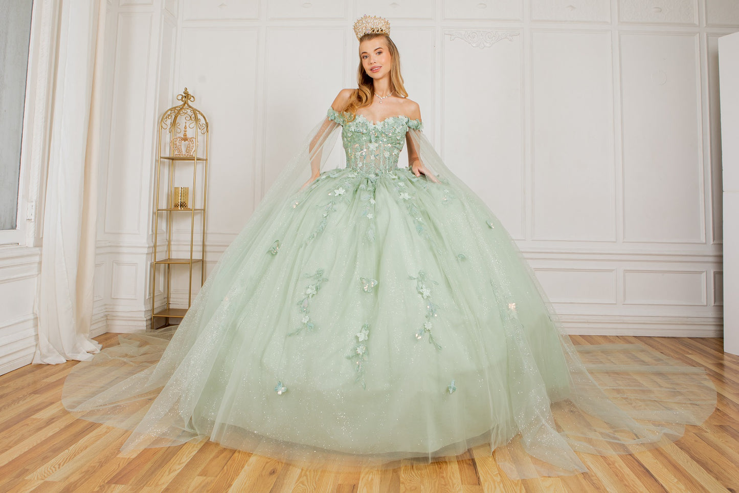 Elegant Cape Sleeve Quinceanera Dress by Cinderella Couture USA AS8075J