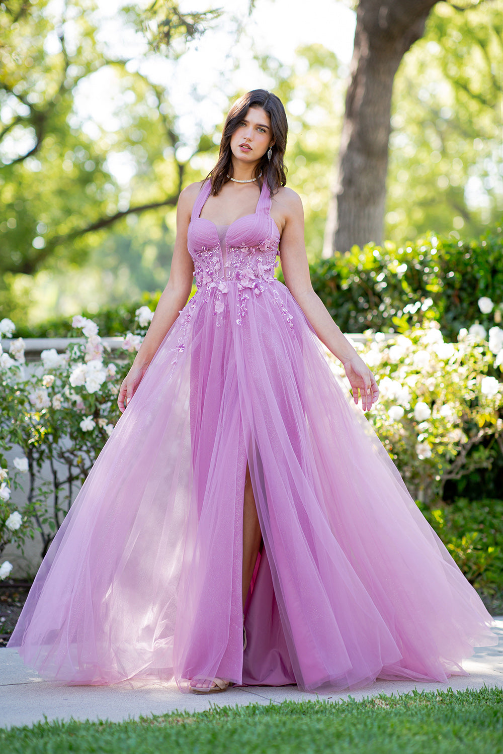 3D Floral Halter A-Line Slit Party Dress by Cinderella Couture USA AS8076J