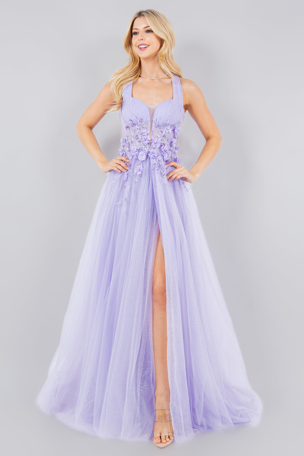 3D Floral Halter A-Line Slit Party Dress by Cinderella Couture USA AS8076J