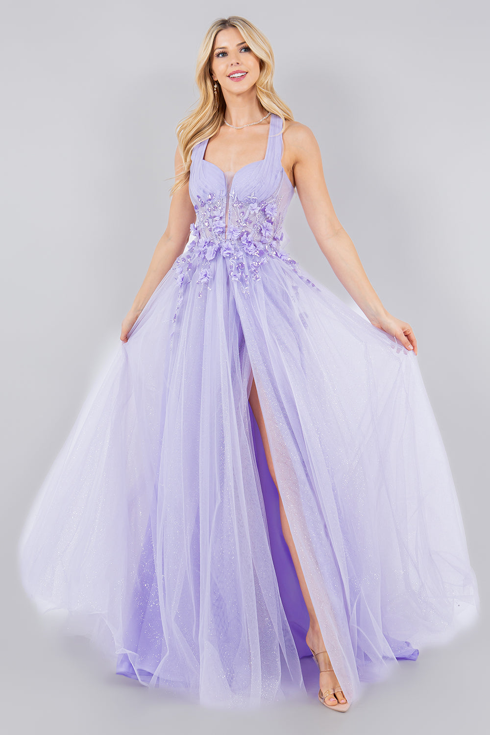3D Floral Halter A-Line Slit Party Dress by Cinderella Couture USA AS8076J