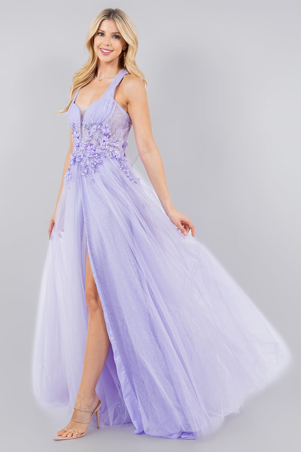 3D Floral Halter A-Line Slit Party Dress by Cinderella Couture USA AS8076J