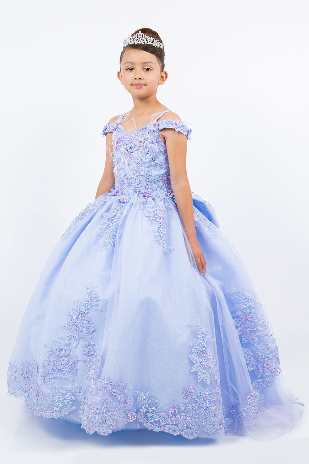 Girls Feather Cold Shoulder Gown by Cinderella Couture 8115 10 / Blue Girls Feather Cold Shoulder Gown by Cinderella Couture 8115 10 / Blue