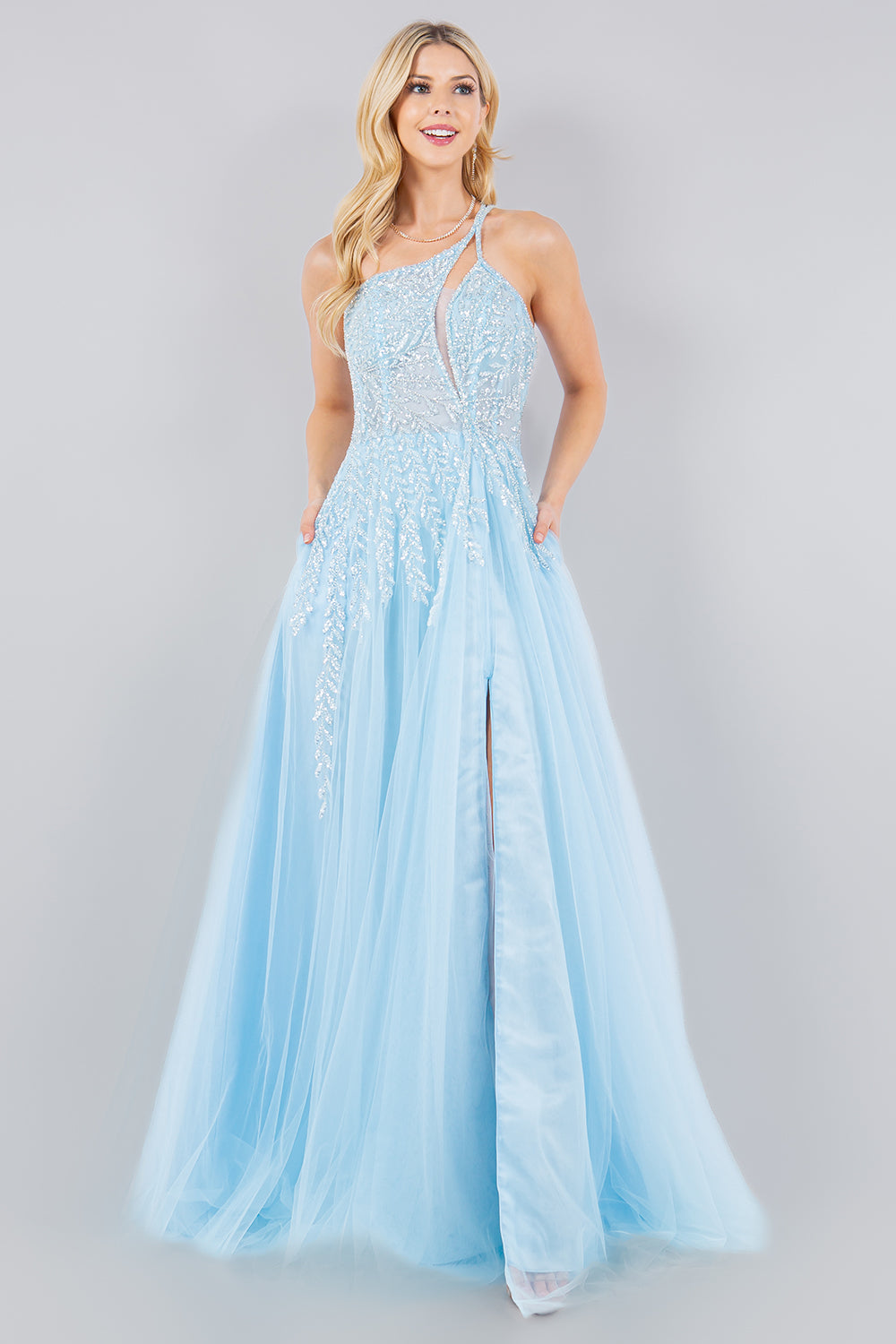 Sequin Tulle A-Line Leg Slit Party Dress by Cinderella Couture USA AS8118J