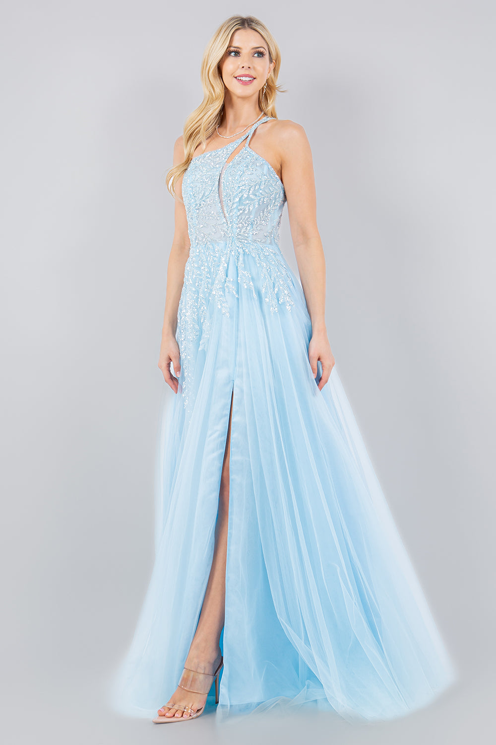 Sequin Tulle A-Line Leg Slit Party Dress by Cinderella Couture USA AS8118J