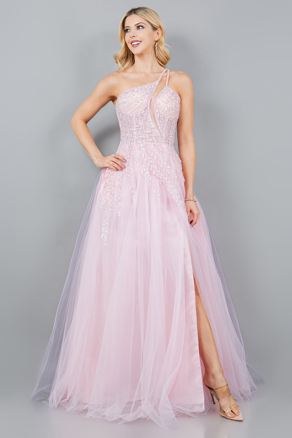 Sequin Tulle A-Line Leg Slit Party Dress by Cinderella Couture USA AS8118J