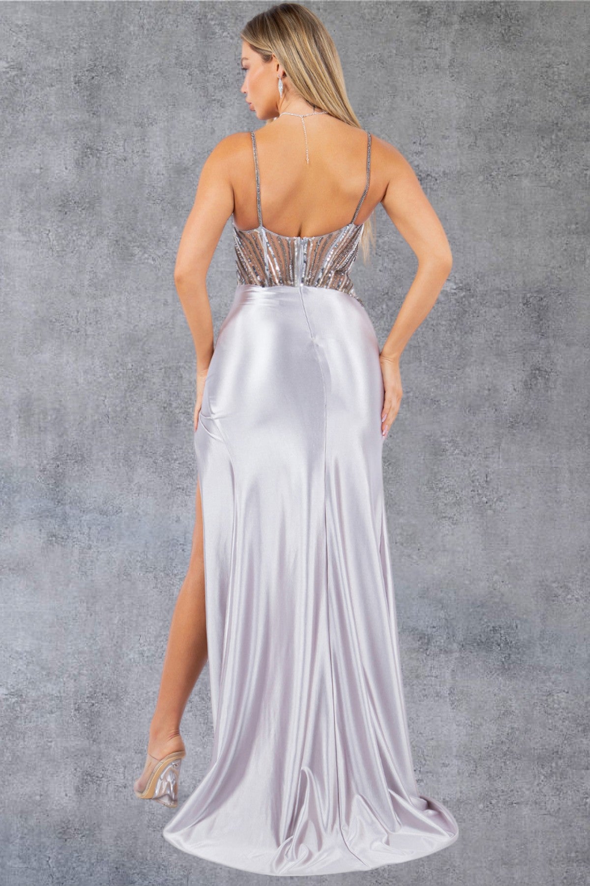 Sequin V-Neckline Leg Slit Party Dress by Cinderella Couture USA AS8122J