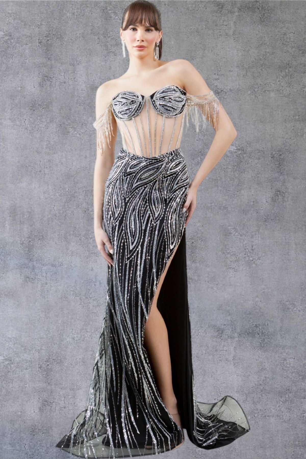 Strapless Off Shoulder Leg Slit Party Dress by Cinderella Couture USA AS8147J