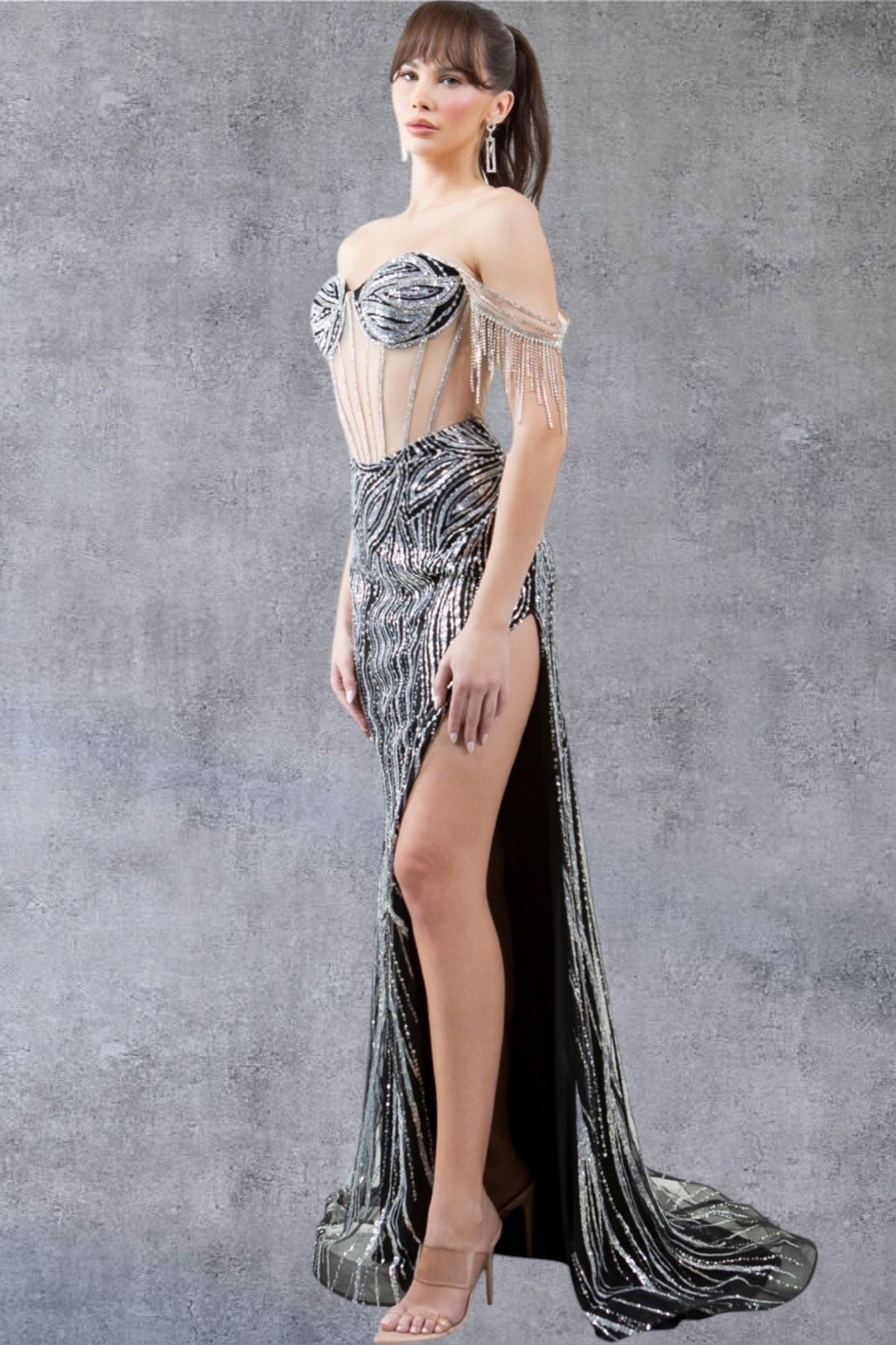 Strapless Off Shoulder Leg Slit Party Dress by Cinderella Couture USA AS8147J
