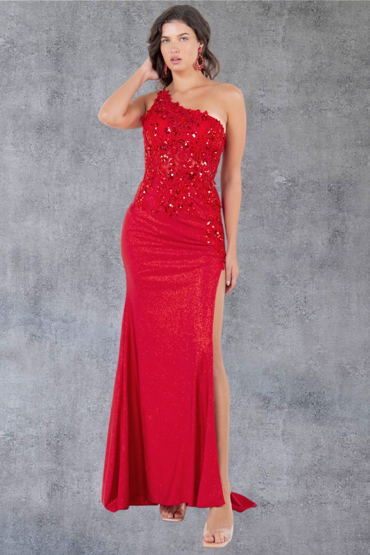One Shoulder Sequin Leg Slit Party Dress by Cinderella Couture USA AS8162J
