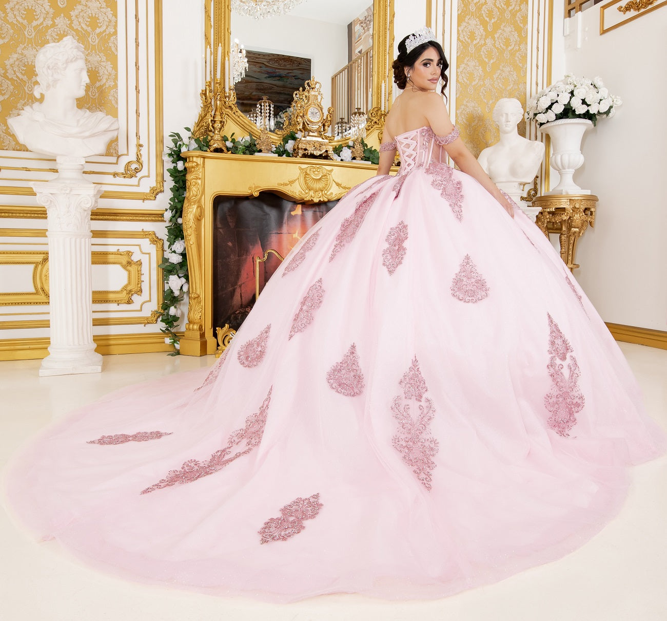 Off Shoulder Long Tail Quinceanera Dress by Cinderella Couture USA AS8190J