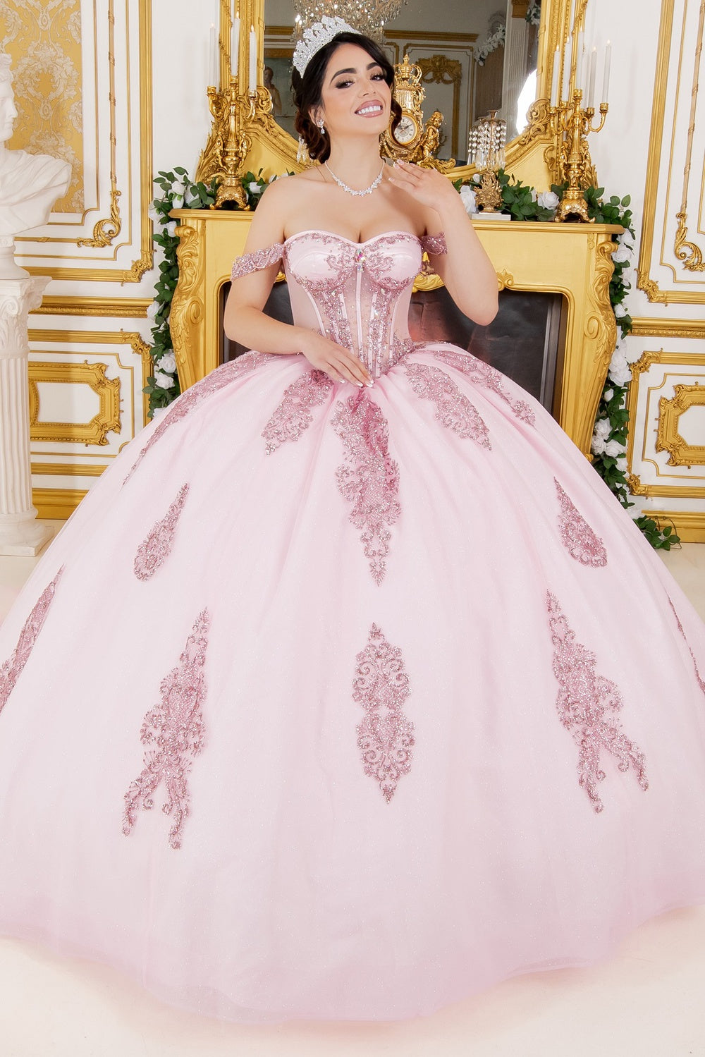 Off Shoulder Long Tail Quinceanera Dress by Cinderella Couture USA AS8190J Pink / 6/S Off Shoulder Long Tail Quinceanera Dress by Cinderella Couture USA AS8190J Pink / 6/S