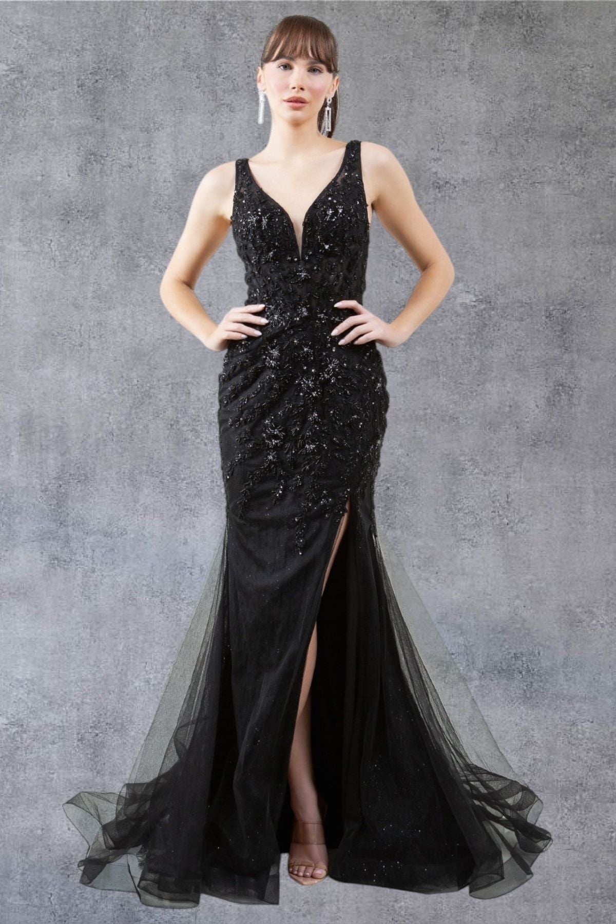 Plunging Neckline Leg Slit Mermaid Party Dress by Cinderella Couture USA AS8241J