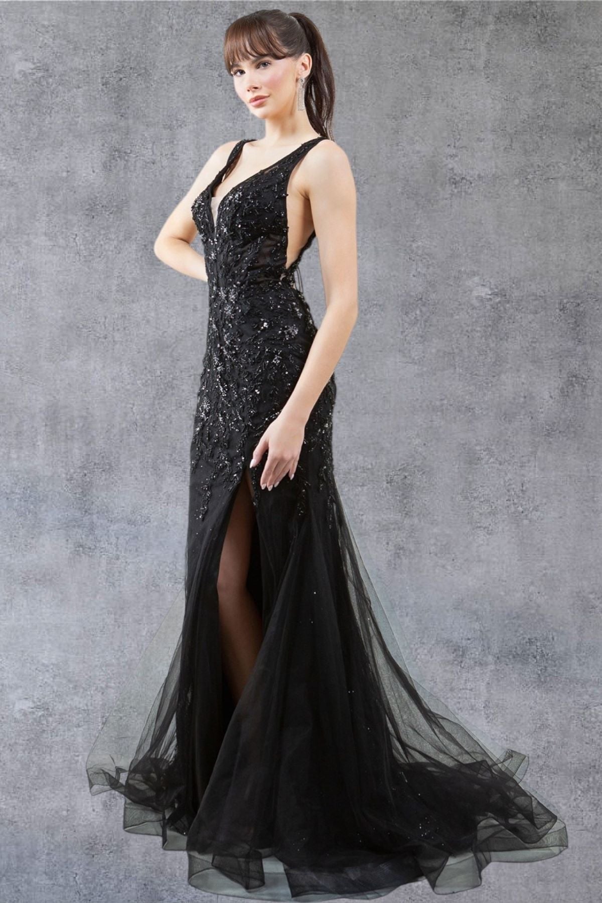 Plunging Neckline Leg Slit Mermaid Party Dress by Cinderella Couture USA AS8241J